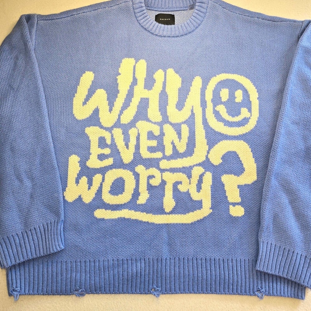 PacSun Why Even Worry Cropped Sweater L Blue Distressed Crew Knit Smiley Indie.